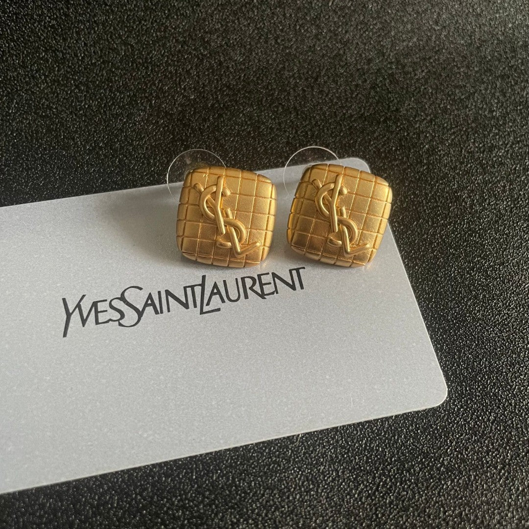 Letter Emblem Stud Earrings in Polished Metal-Tone – Design 007 front product view