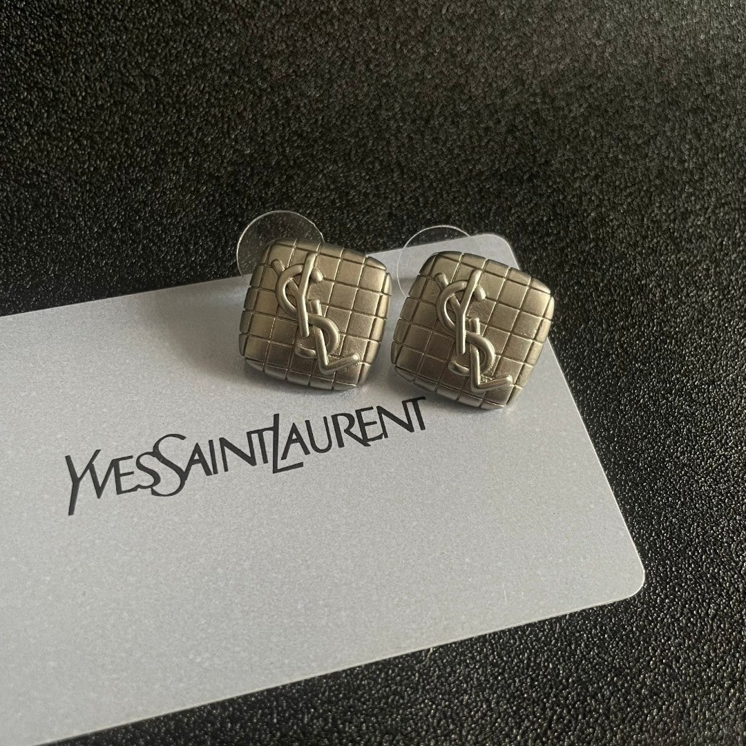Letter Emblem Stud Earrings in Polished Metal-Tone – Design 006 front product view