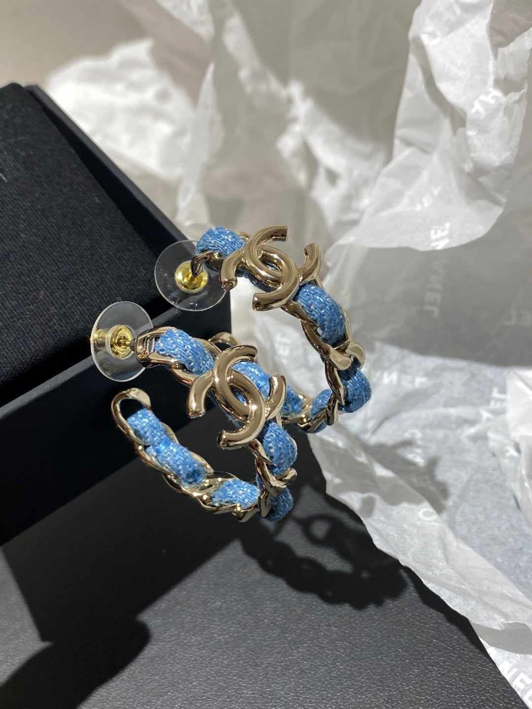 Letter Stud Earrings in Polished Metal-Tone – Blue Detail front product view