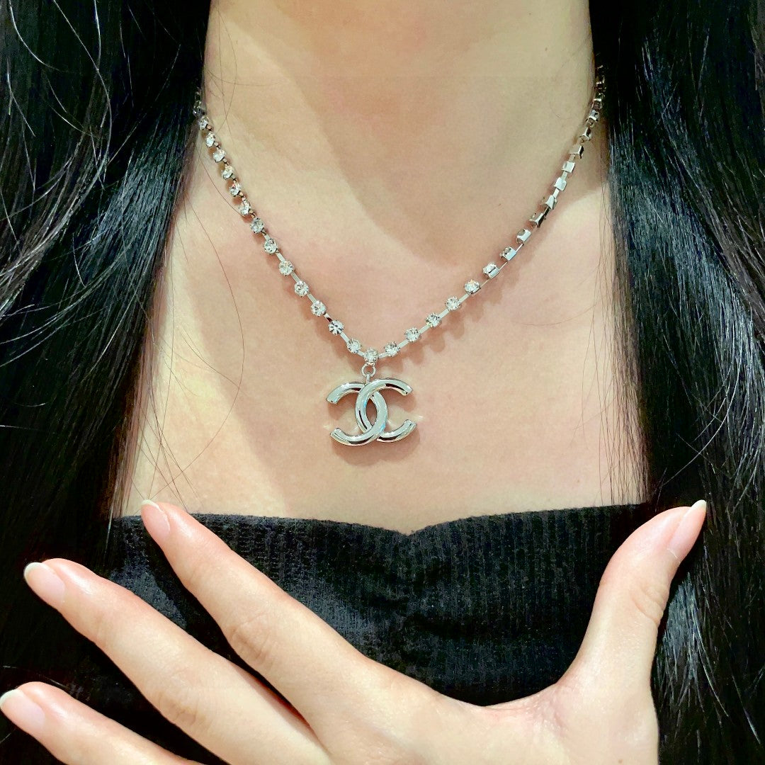 Double-C Emblem Pendant Necklace in Polished Metal-Tone – Design 011 front product view