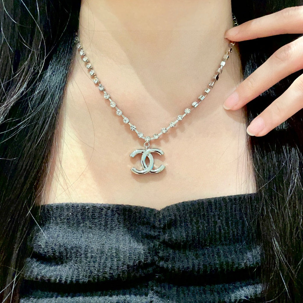 Double-C Emblem Pendant Necklace in Polished Metal-Tone – Design 011 main product view