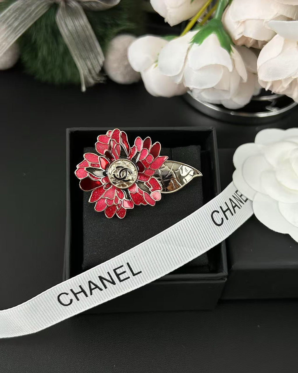 Signature Emblem Brooch in Polished Metal-Tone – Red Detail – Design 002 front product view