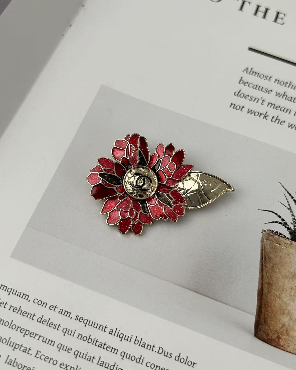 Signature Emblem Brooch in Polished Metal-Tone – Red Detail – Design 002 detail view