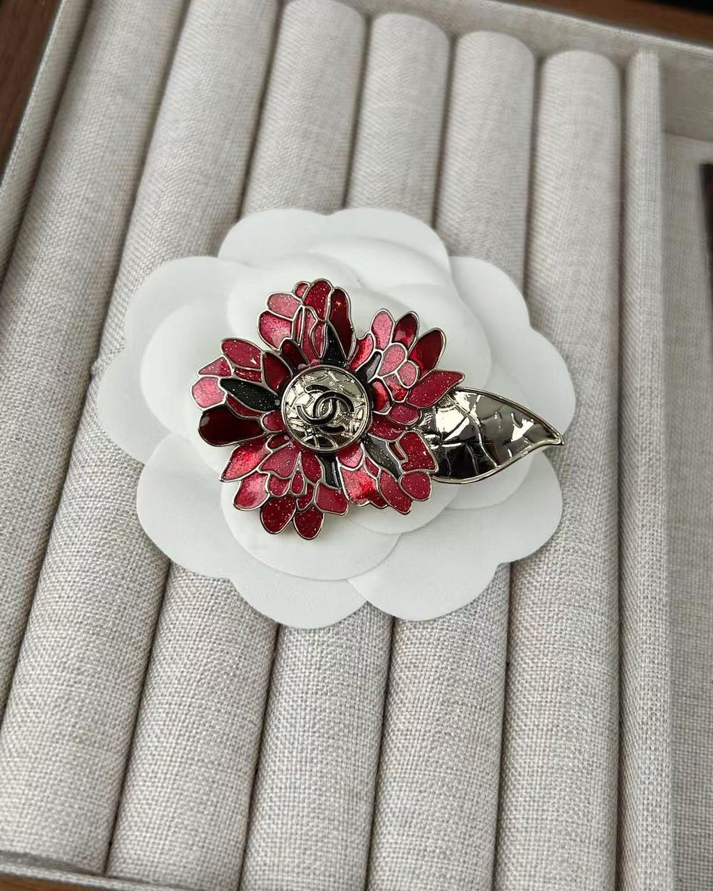 Signature Emblem Brooch in Polished Metal-Tone – Red Detail – Design 002 styled product view