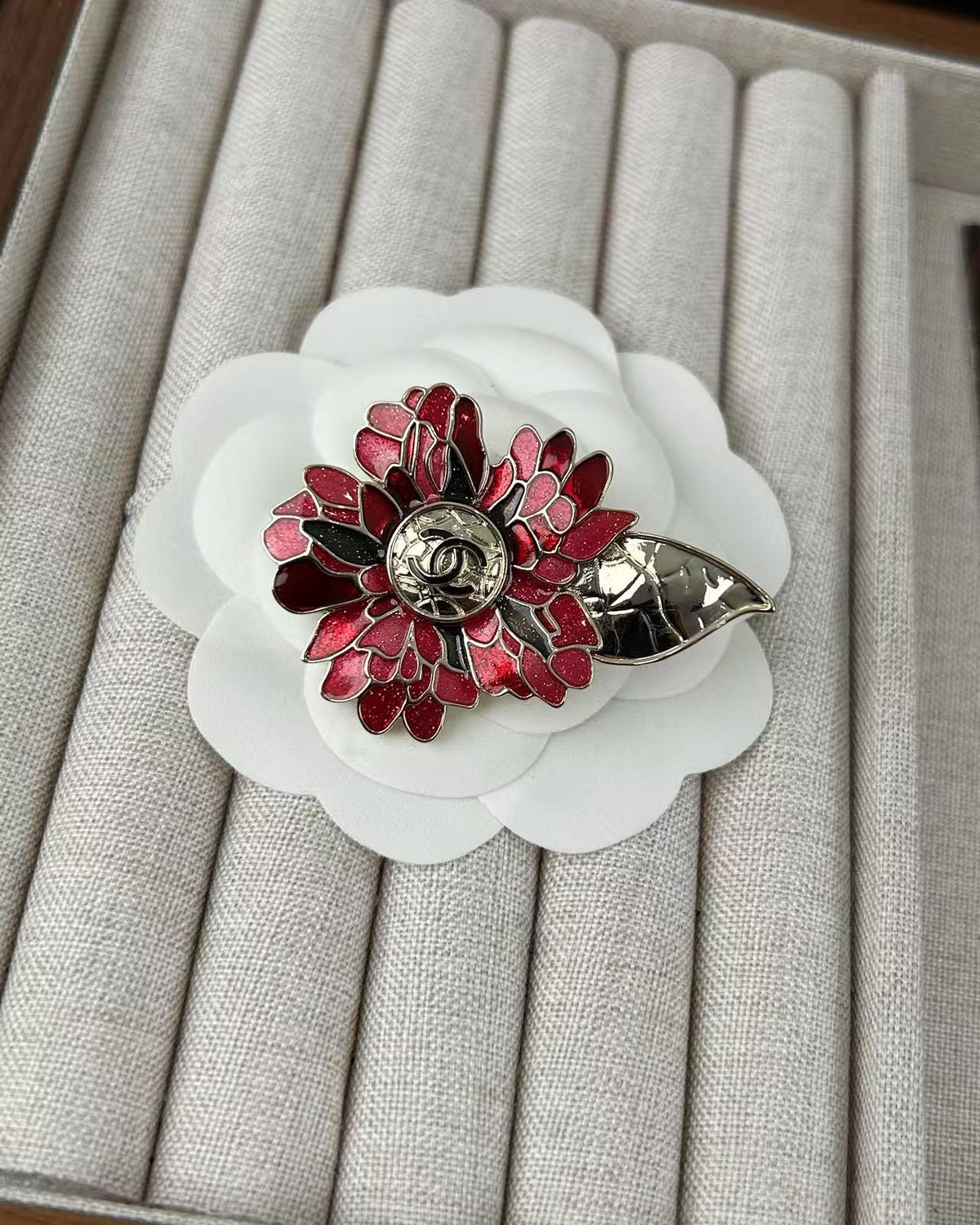 Signature Emblem Brooch in Polished Metal-Tone – Red Detail – Design 002 styled product view