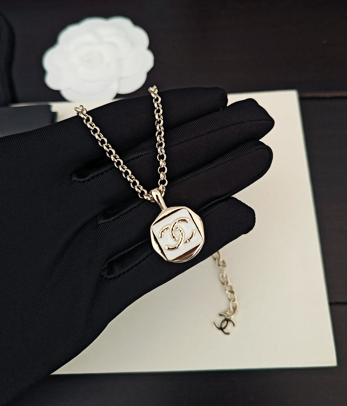 Signature Emblem Pendant Necklace in Gold-Tone – White Detail – Design 005 detail view