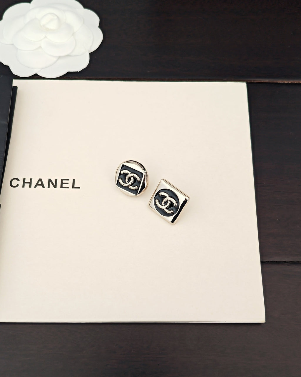 Square Stud Earrings in Gold-Tone – Black Detail styled product view