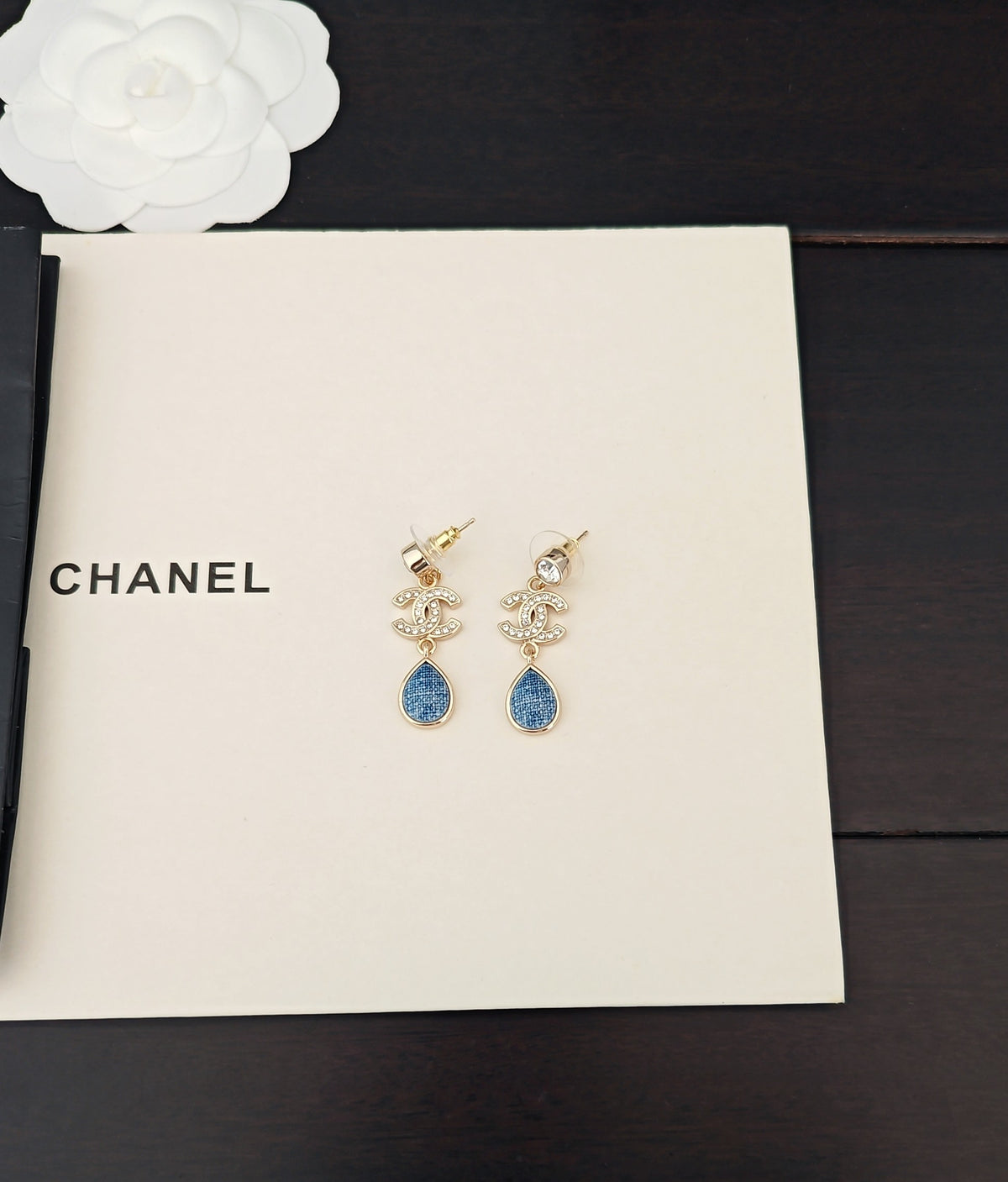Signature Emblem Crystal-Accent Statement Earrings – Blue Detail close-up detail