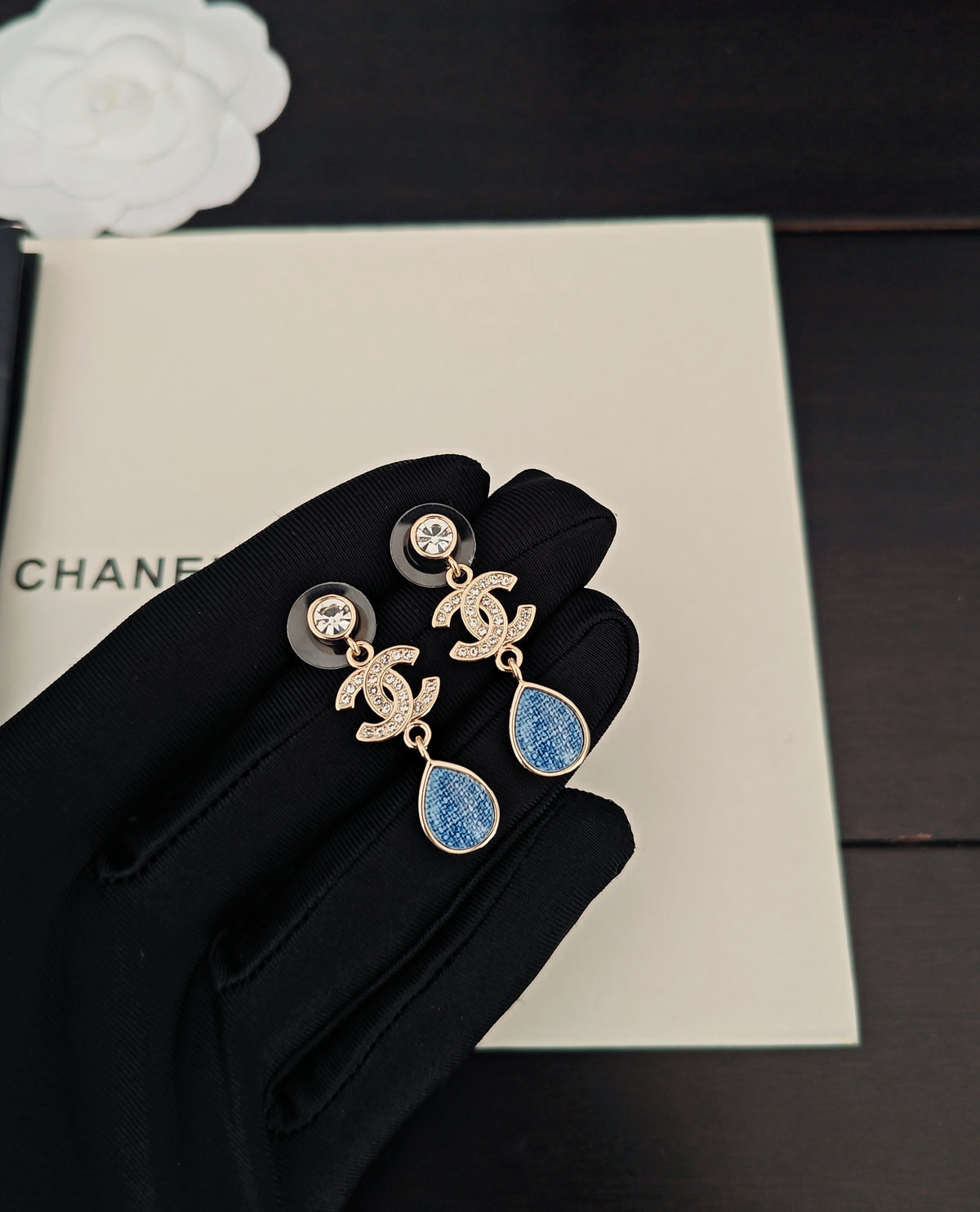 Signature Emblem Crystal-Accent Statement Earrings – Blue Detail detail view