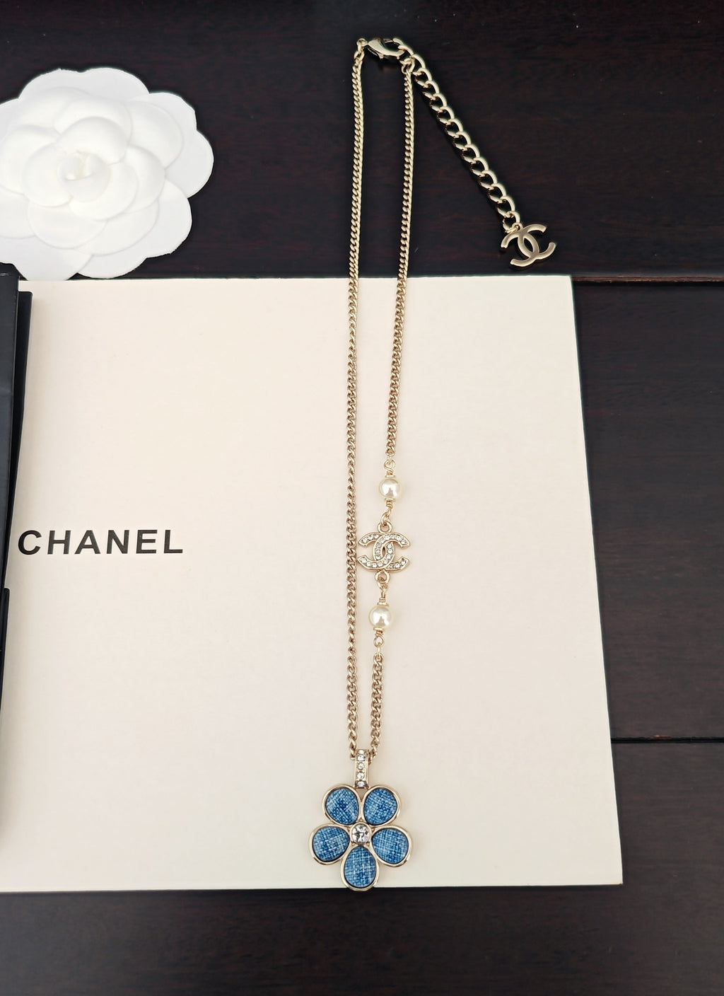 Signature Emblem Crystal-Accent Pendant Necklace – Blue Detail side detail