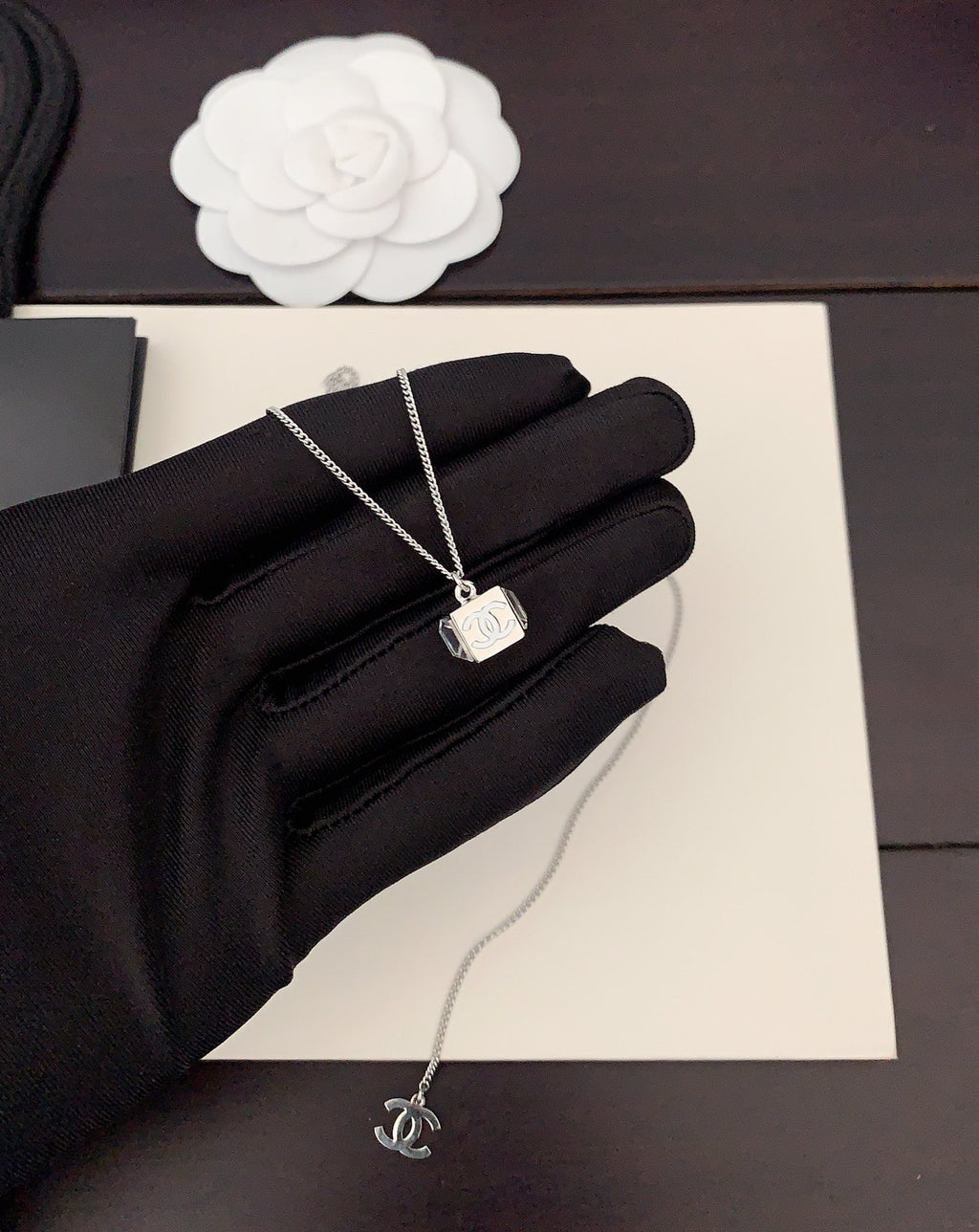 Signature Emblem Pendant Necklace in Gold-Tone – White Detail – Design 004 detail view