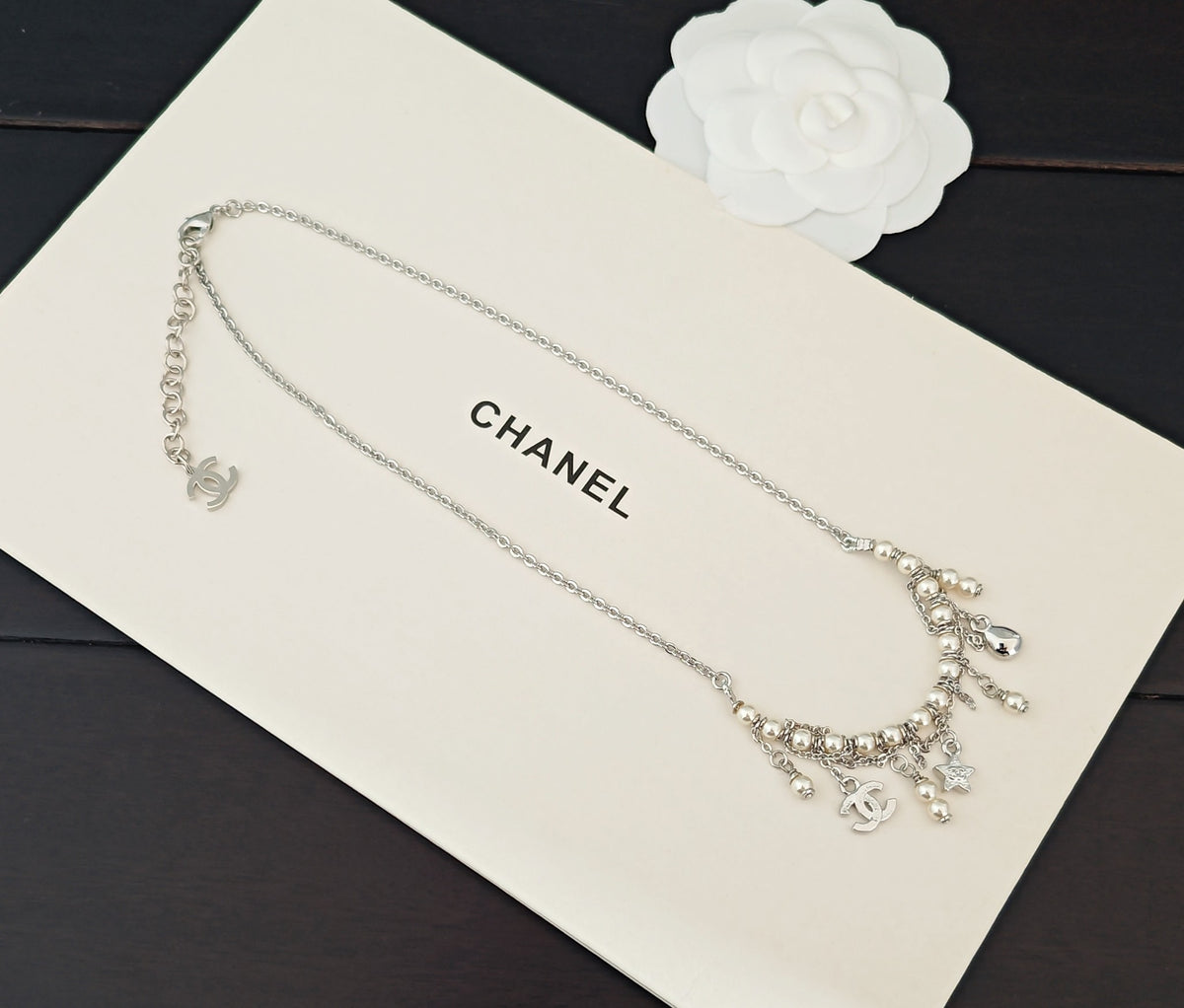 Signature Emblem Pendant Necklace in Gold-Tone – White Detail – Design 003 styled product view