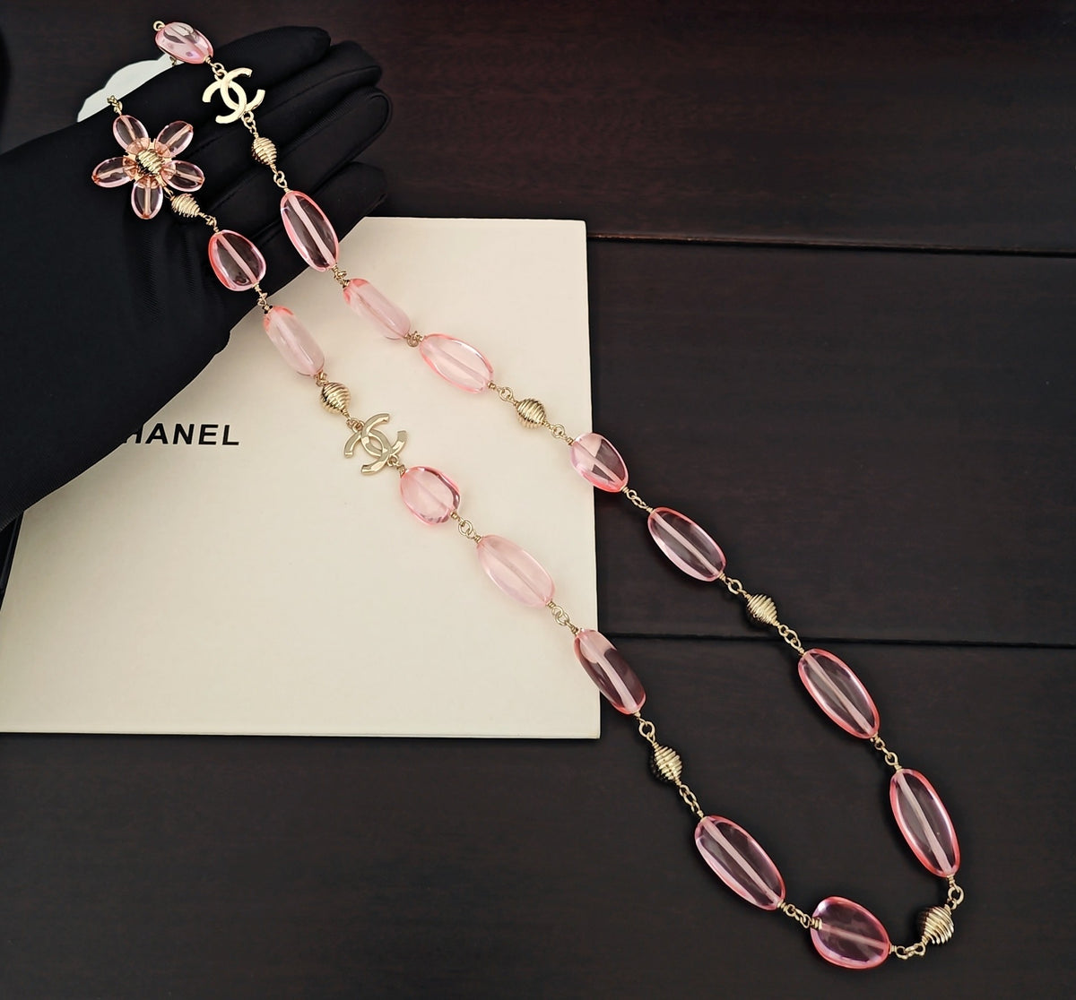 Signature Emblem Pendant Necklace in Gold-Tone – Pink Detail – Design 006 main product view