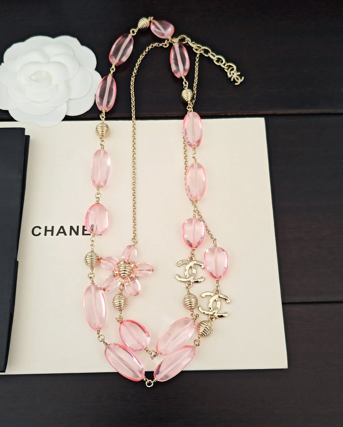 Signature Emblem Pendant Necklace in Gold-Tone – Pink Detail – Design 006 front product view