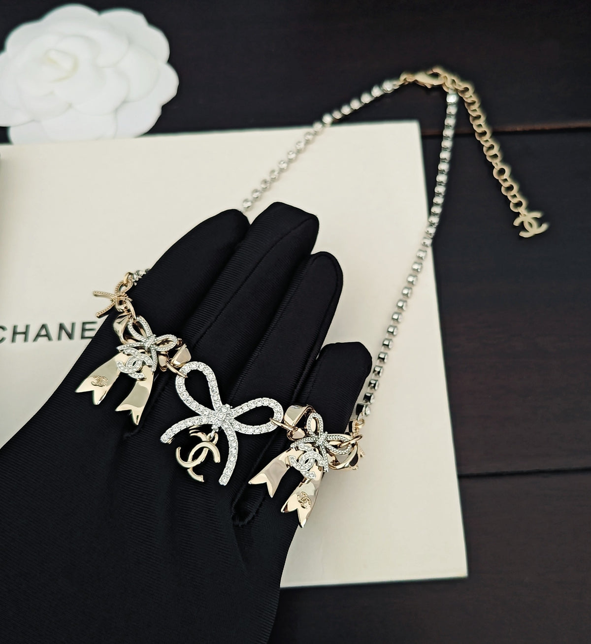 Bow Pendant Necklace in Gold-Tone – Design 005 detail view
