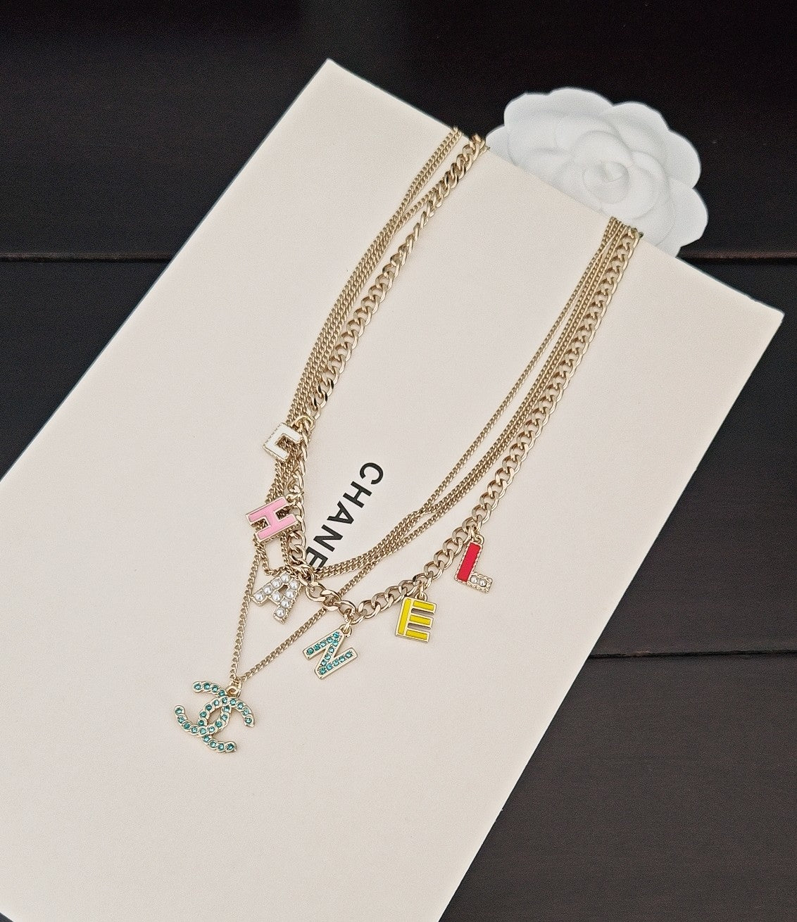 Letter Pendant Necklace in Gold-Tone – Blue Detail – Design 004 side detail