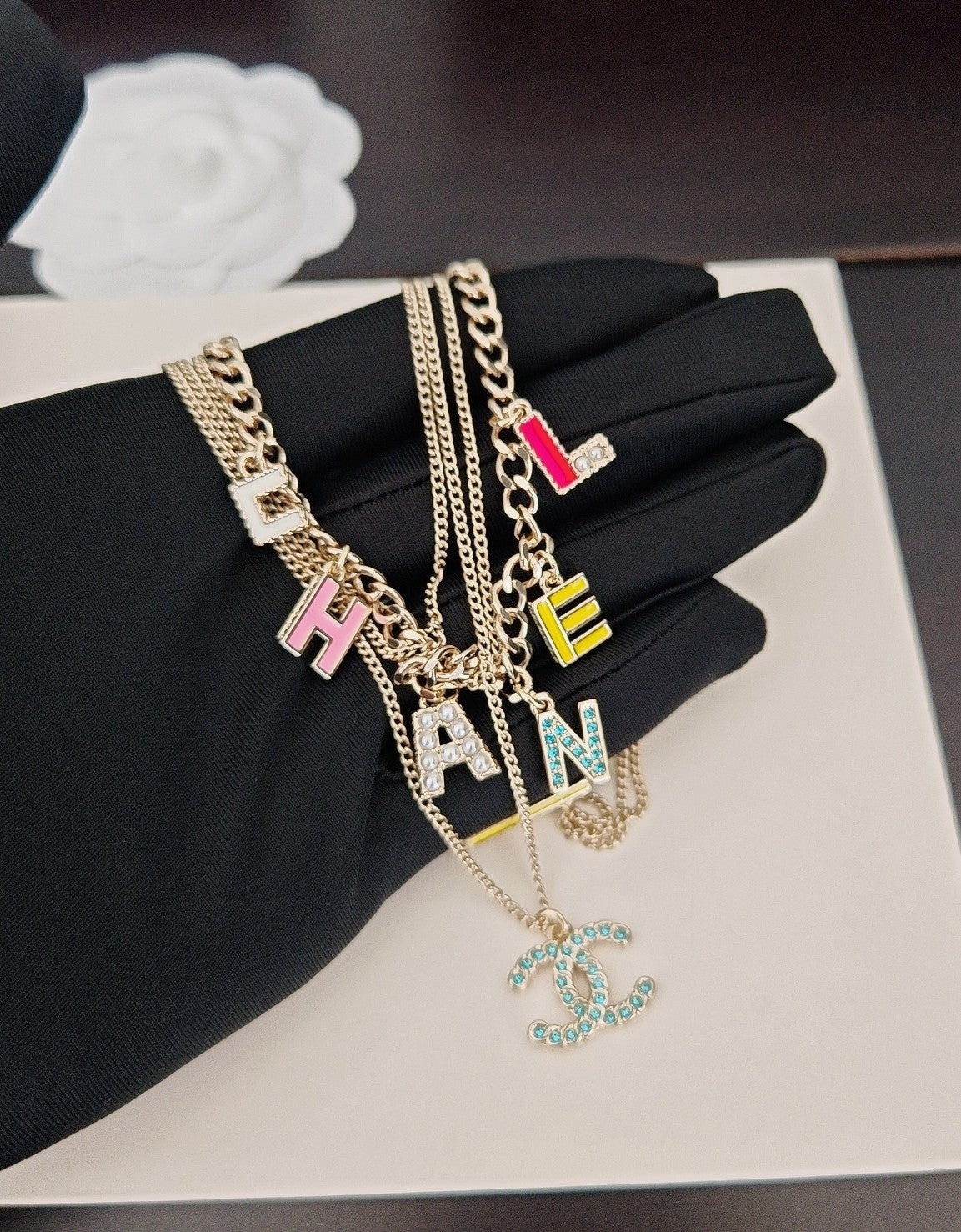 Letter Pendant Necklace in Gold-Tone – Blue Detail – Design 004 main product view