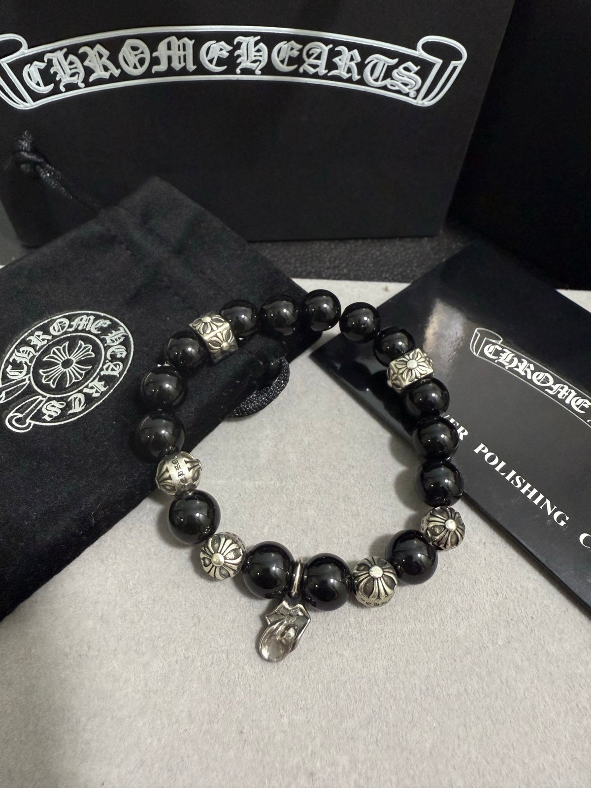 Gothic Emblem Beaded Bracelet in Antique Silver-Tone – Design 26 side detail