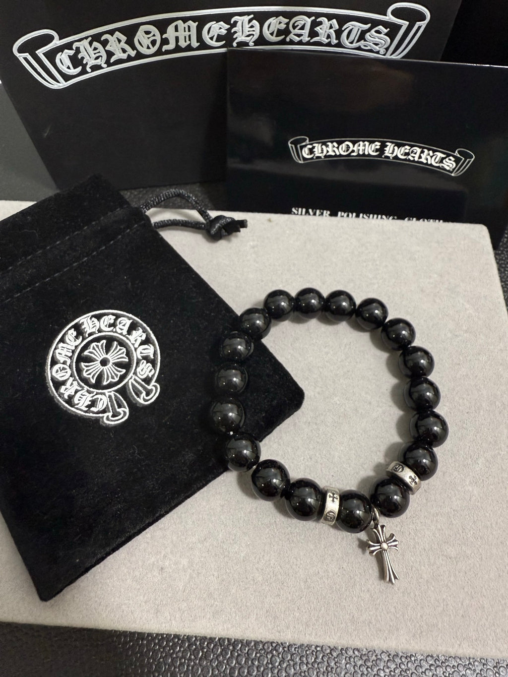 Gothic Emblem Beaded Bracelet in Antique Silver-Tone – Design 35 front product view