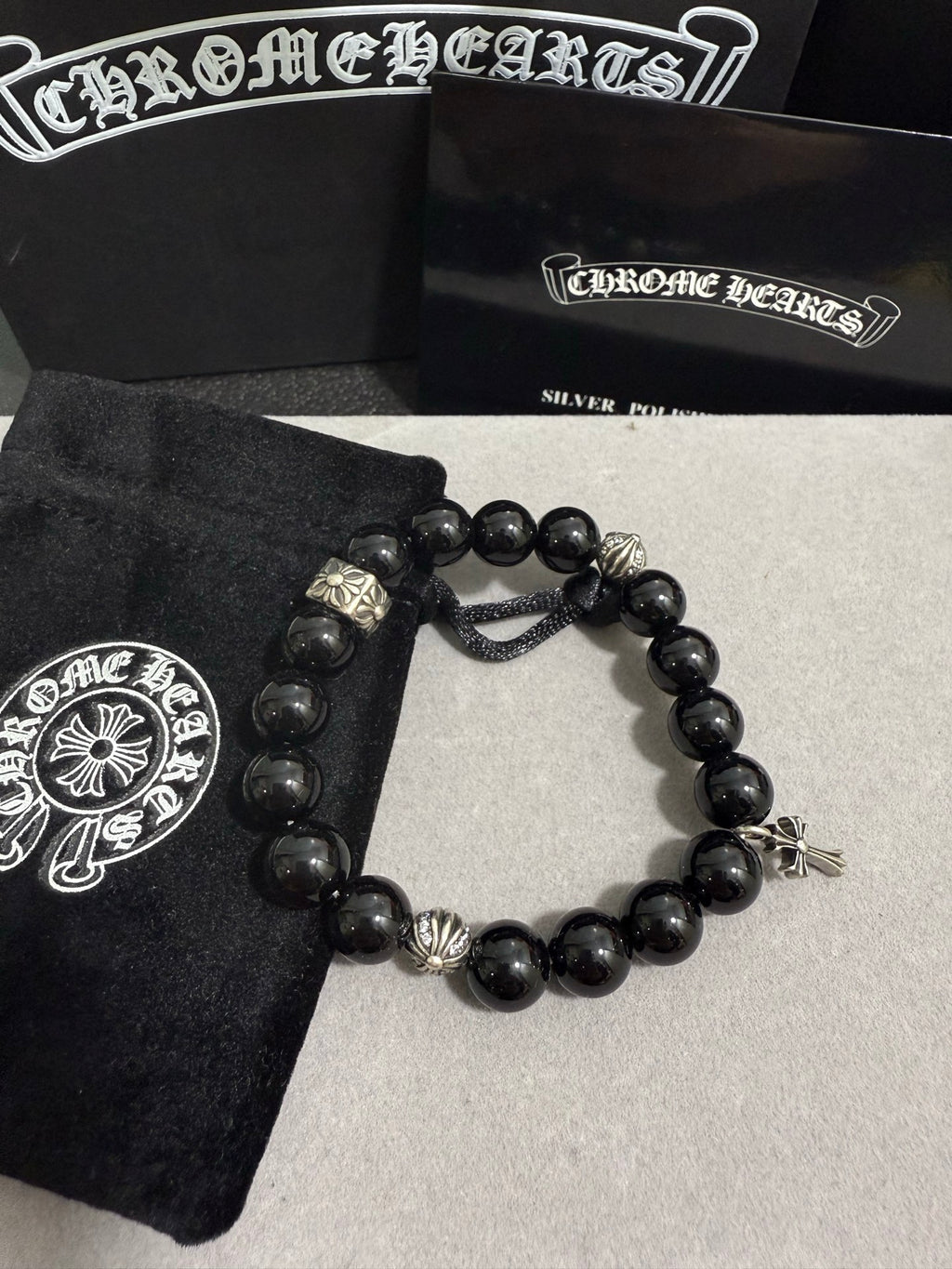 Gothic Emblem Beaded Bracelet in Antique Silver-Tone – Design 27 side detail