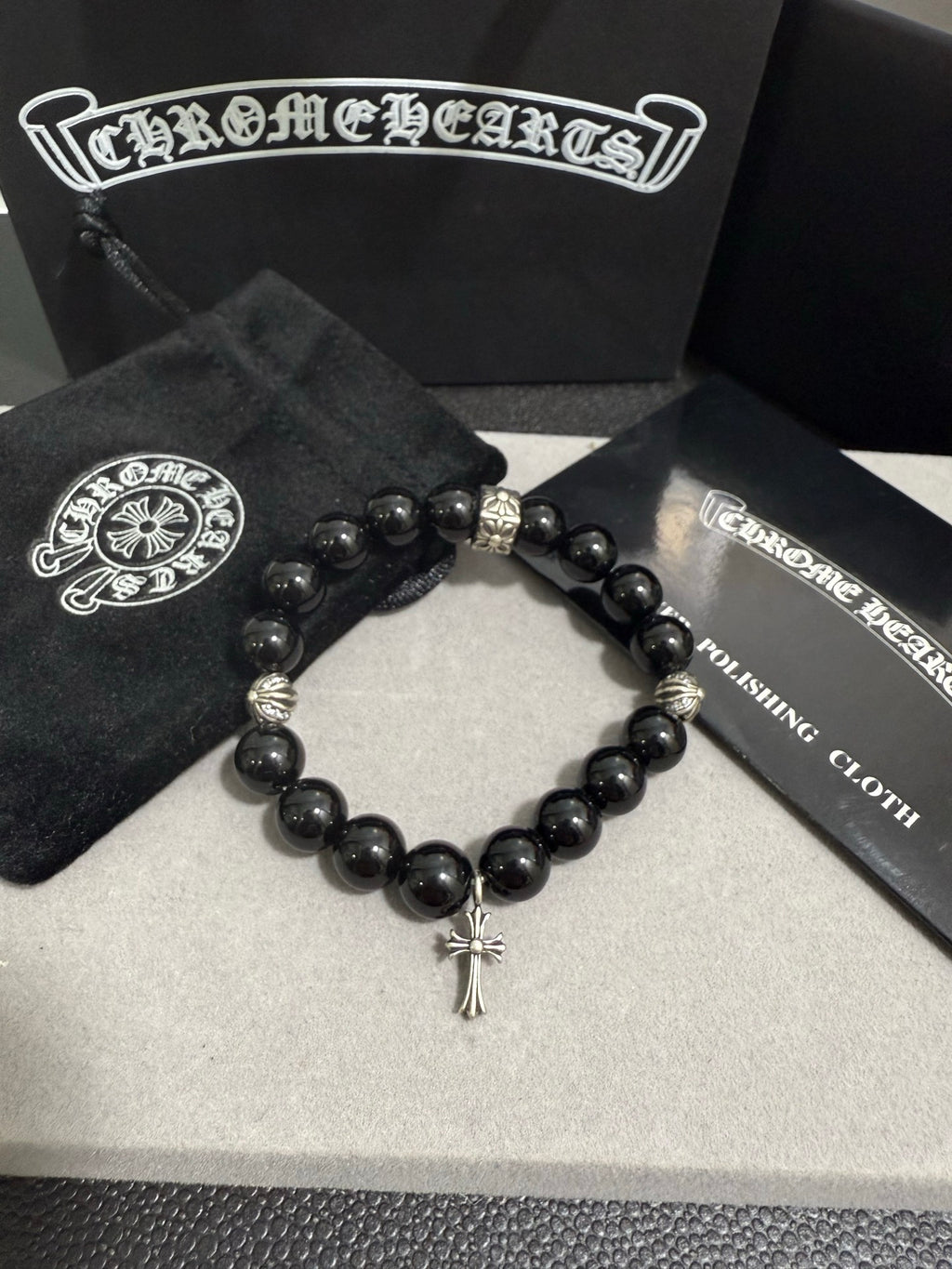 Gothic Emblem Beaded Bracelet in Antique Silver-Tone – Design 27 main product view