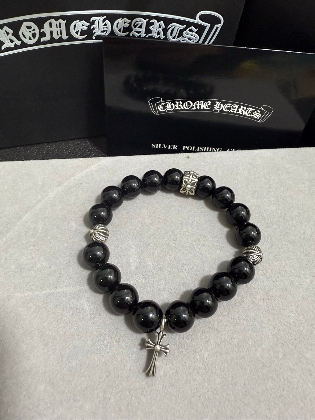Gothic Emblem Beaded Bracelet in Antique Silver-Tone – Design 27 front product view