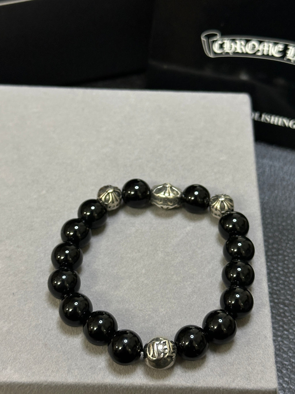 Gothic Emblem Beaded Bracelet in Antique Silver-Tone – Design 28 styled product view