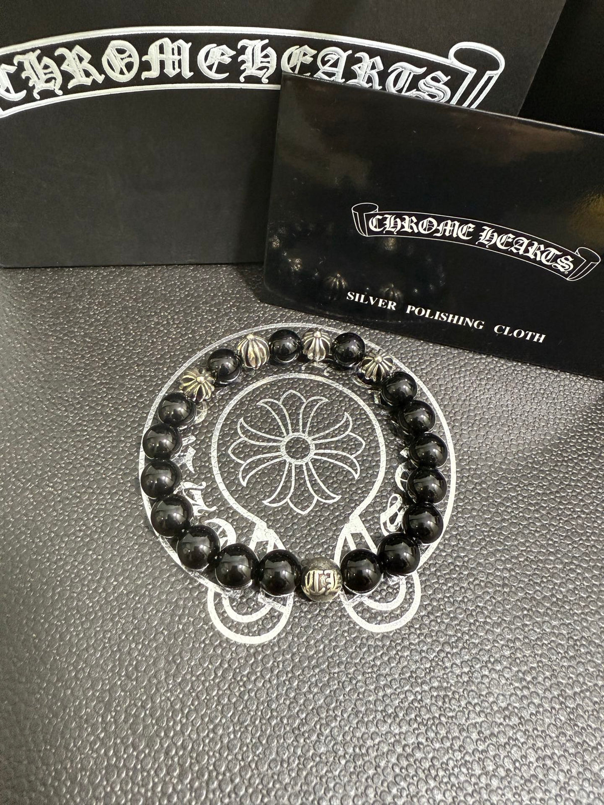 Gothic Emblem Beaded Bracelet in Antique Silver-Tone – Design 29 front product view