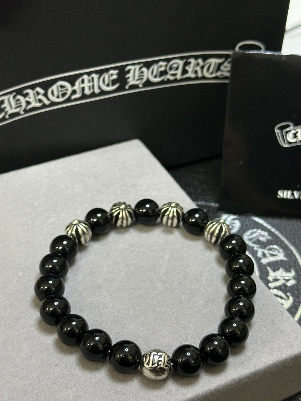 Gothic Emblem Beaded Bracelet in Antique Silver-Tone – Design 29 close-up detail