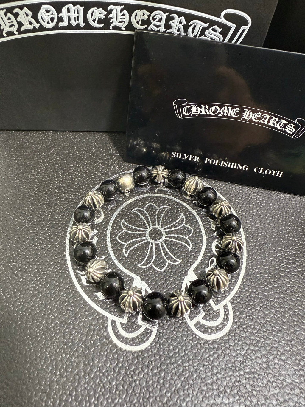 Gothic Emblem Beaded Bracelet in Antique Silver-Tone – Design 32 front product view