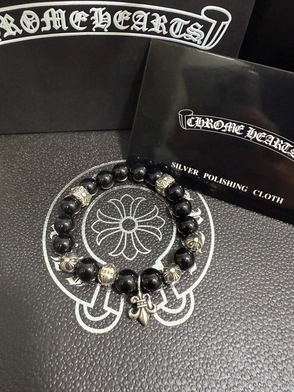 Gothic Emblem Beaded Bracelet in Antique Silver-Tone – Design 33 front product view