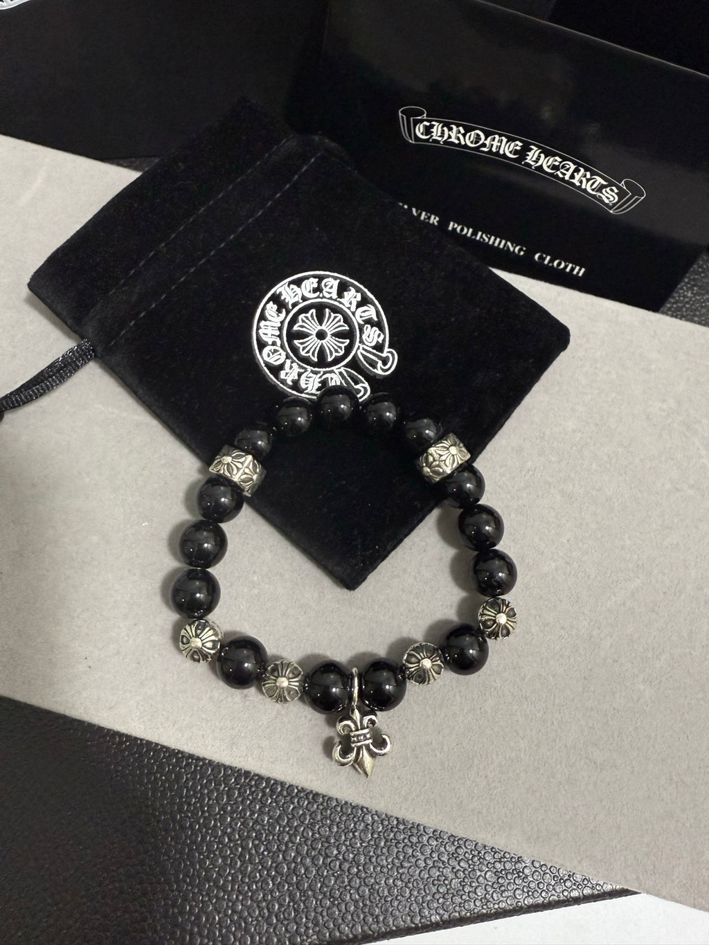 Gothic Emblem Beaded Bracelet in Antique Silver-Tone – Design 33 detail view