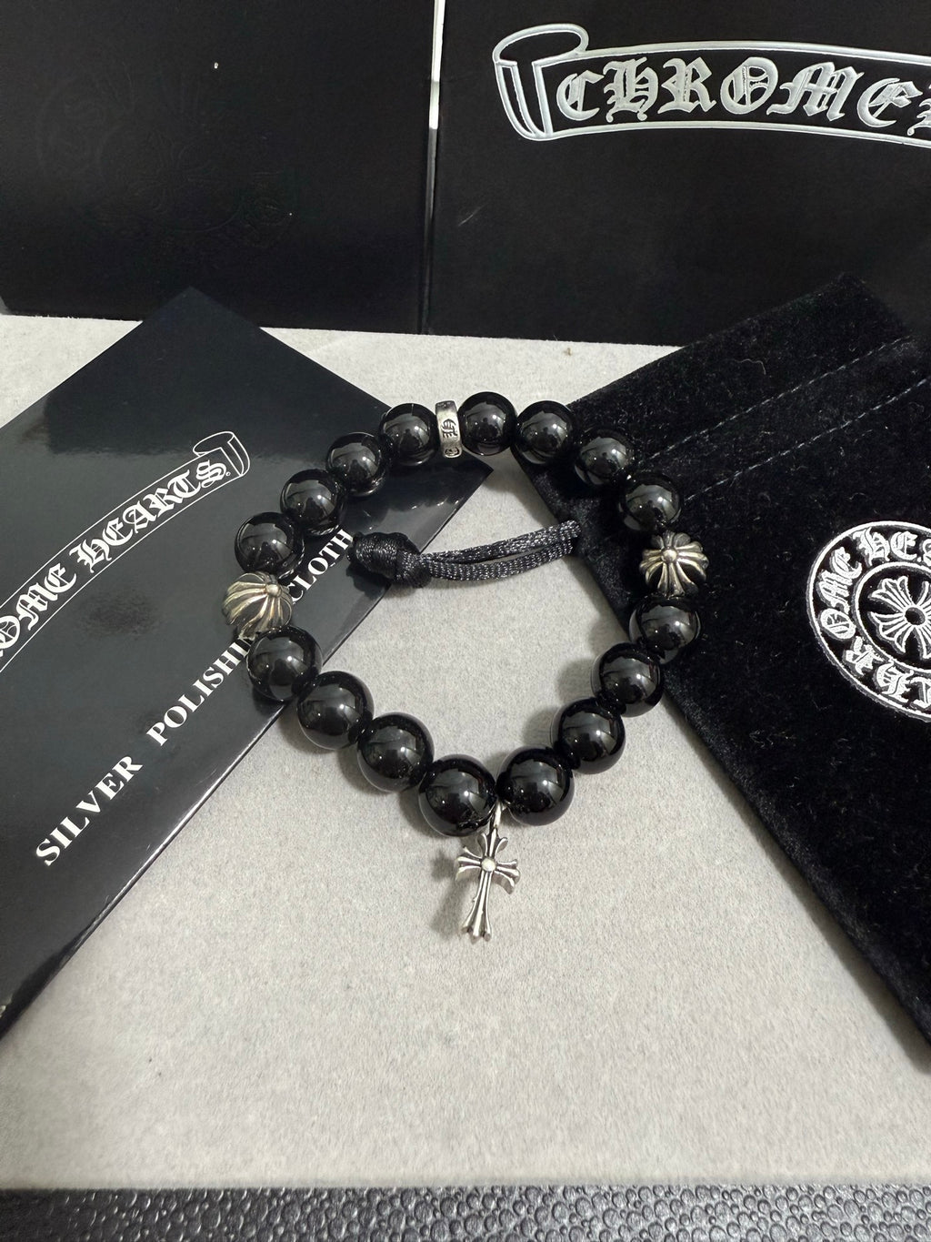 Gothic Emblem Beaded Bracelet in Antique Silver-Tone – Design 34 detail view