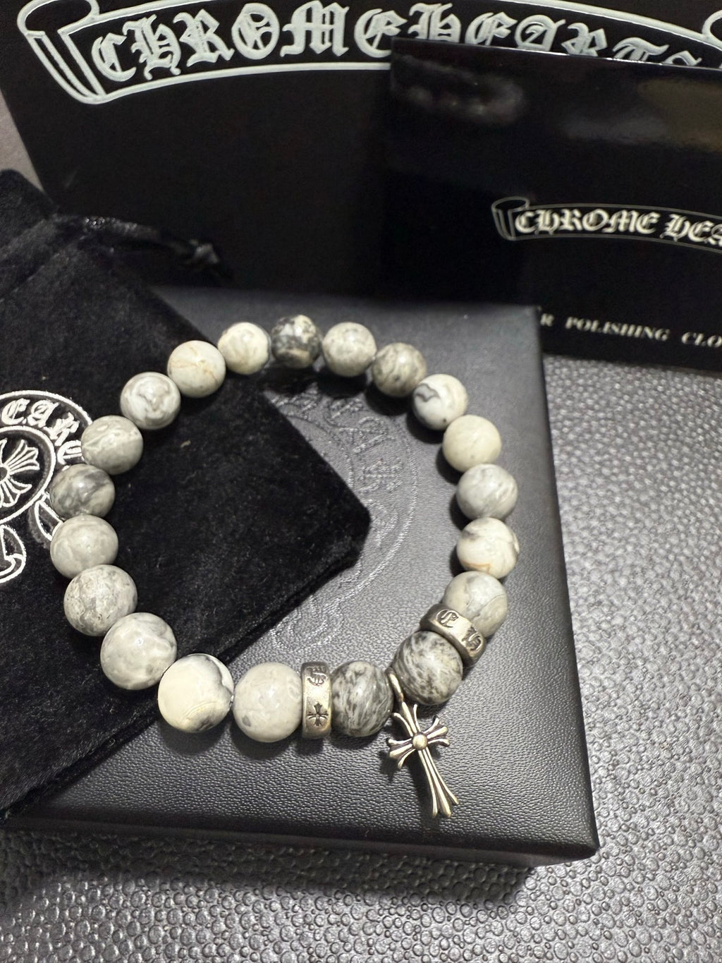 Gothic Emblem Beaded Bracelet in Antique Silver-Tone – Design 36 styled product view