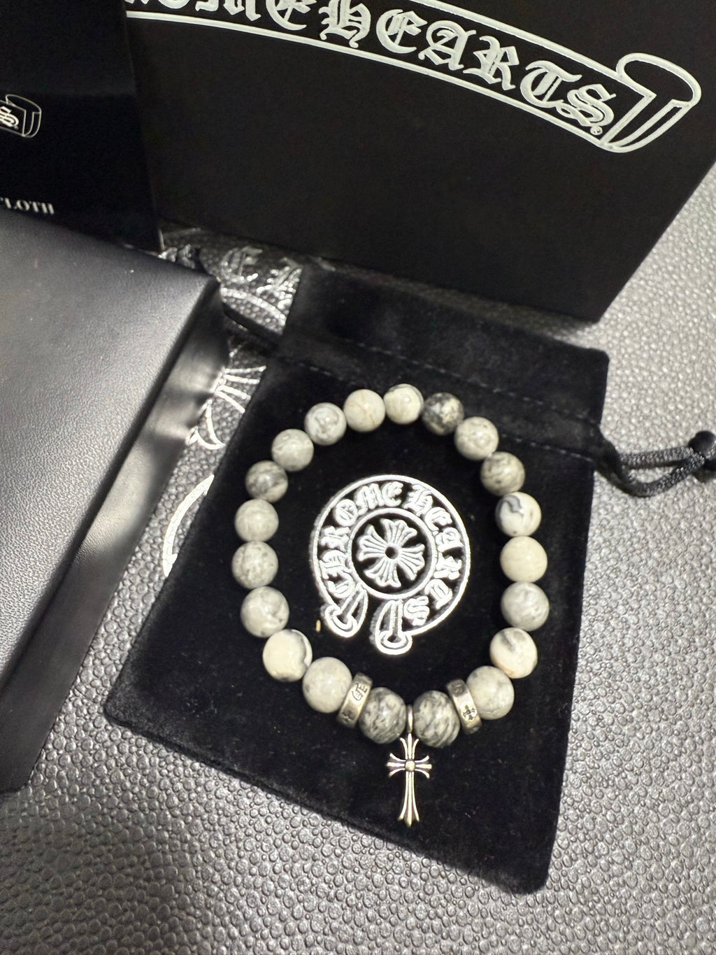 Gothic Emblem Beaded Bracelet in Antique Silver-Tone – Design 36 detail view