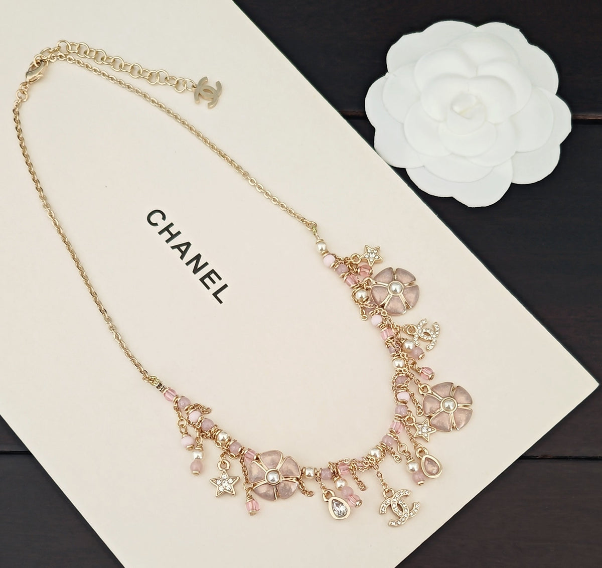 Signature Emblem Pendant Necklace in Gold-Tone – Pink Detail – Design 003 close-up detail