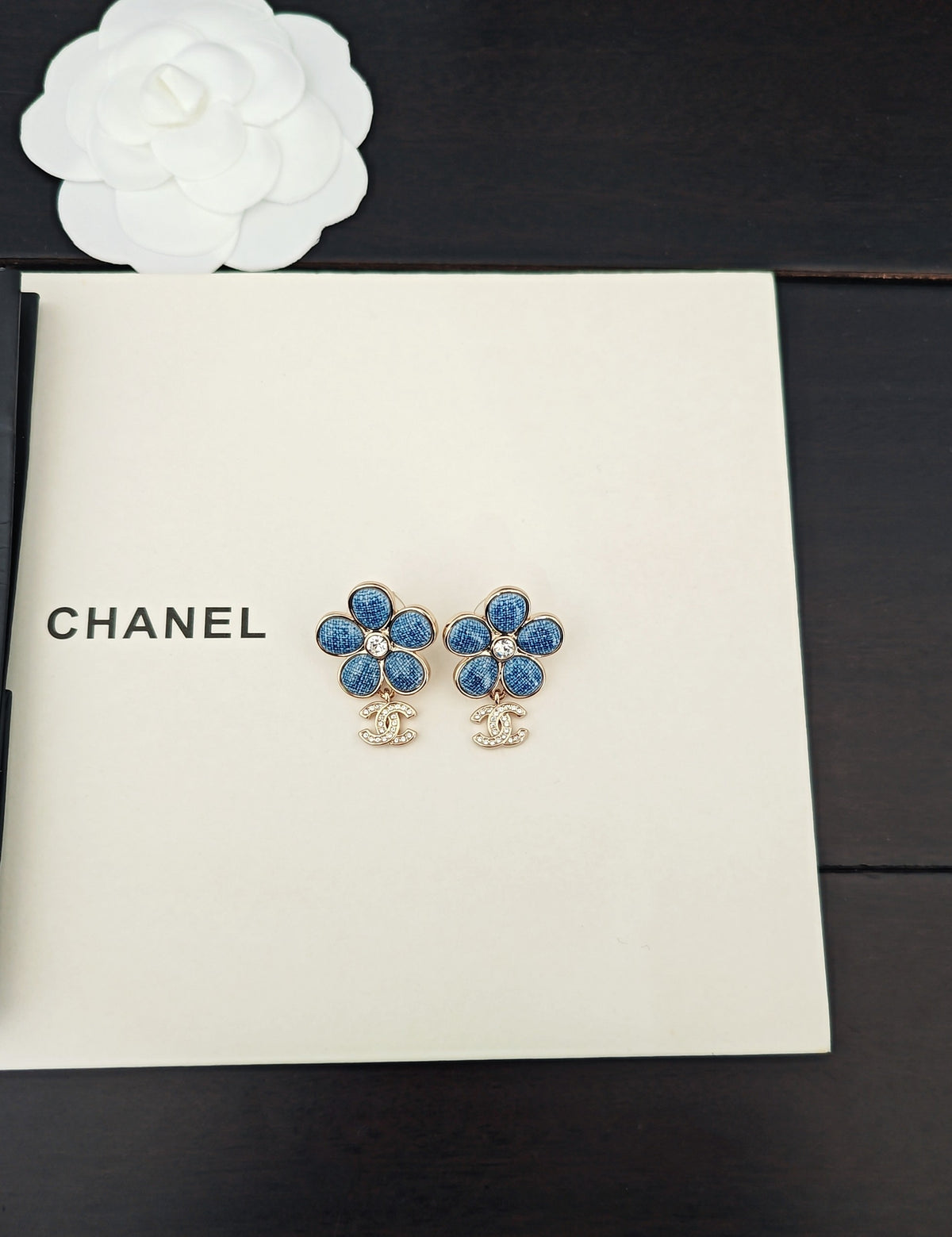 Floral Statement Earrings in Gold-Tone – Blue Detail – Design 002 close-up detail