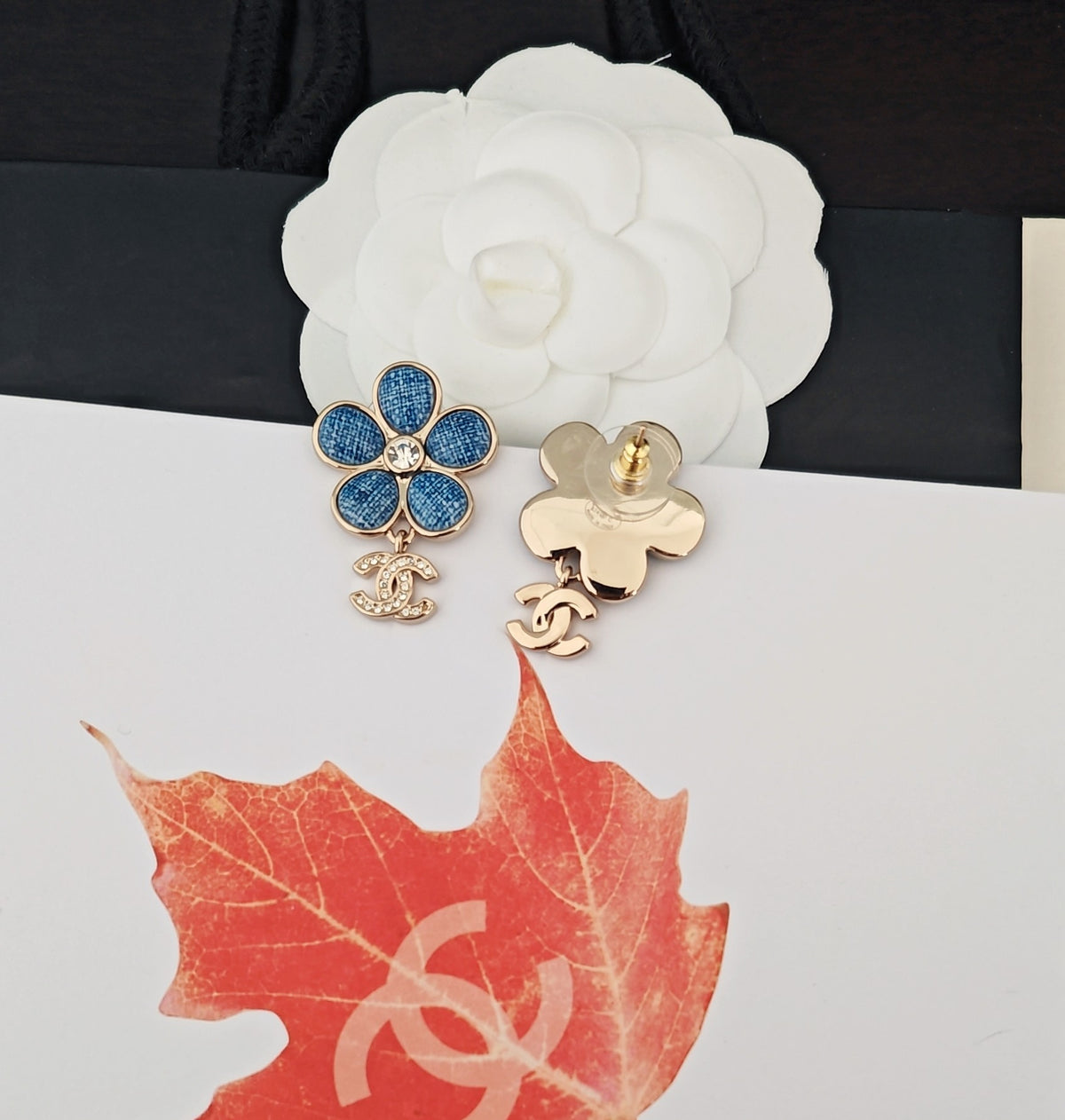 Floral Statement Earrings in Gold-Tone – Blue Detail – Design 002 detail view