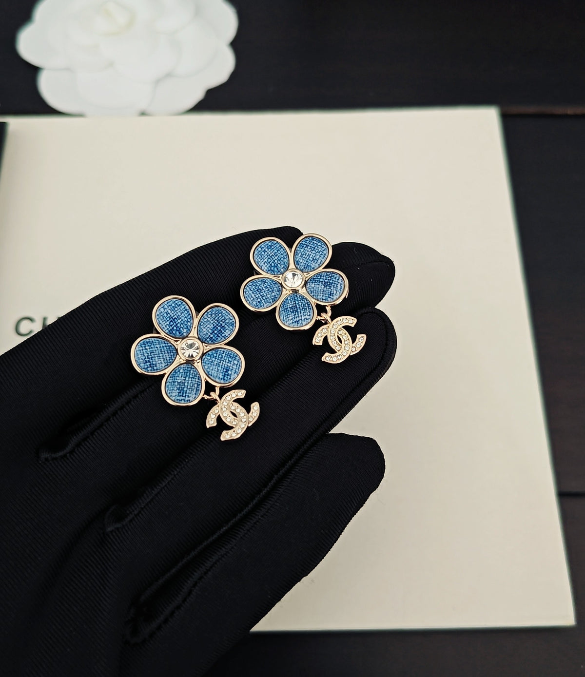 Floral Statement Earrings in Gold-Tone – Blue Detail – Design 002 main product view