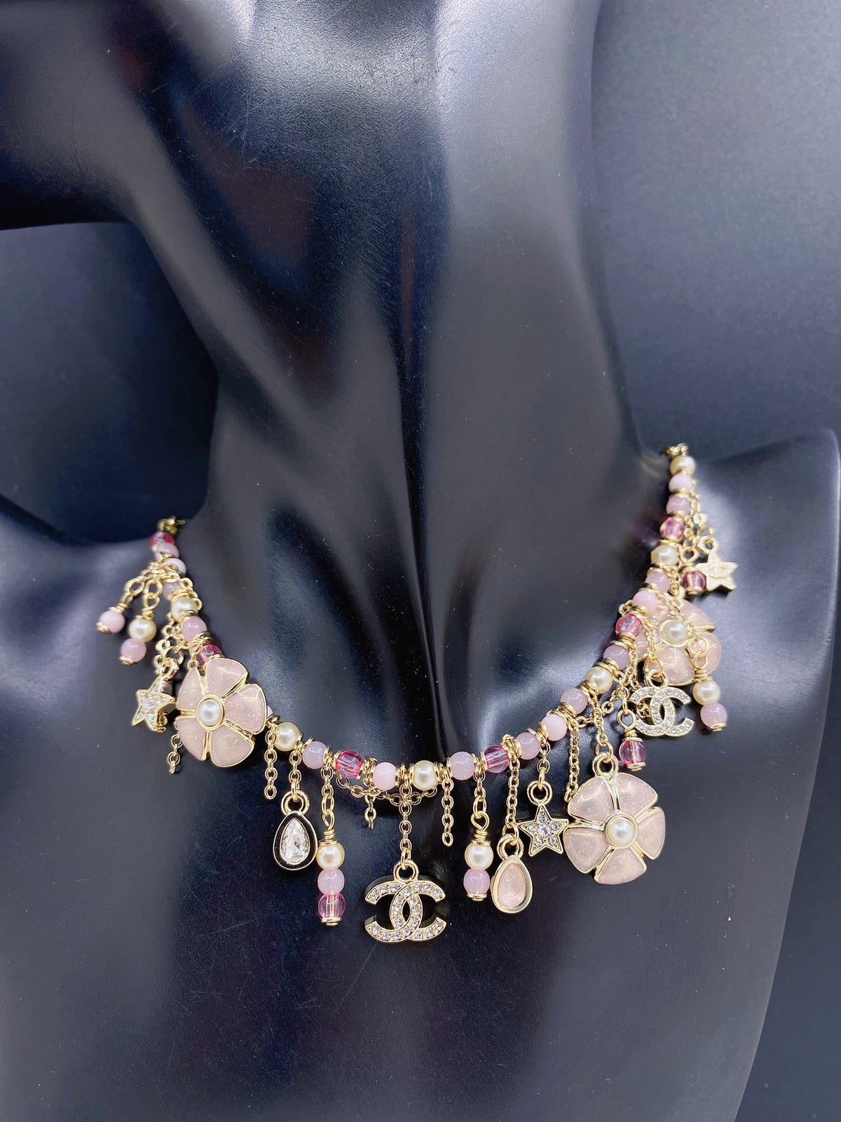Signature Emblem Pendant Necklace in Gold-Tone – Pink Detail – Design 002 front product view