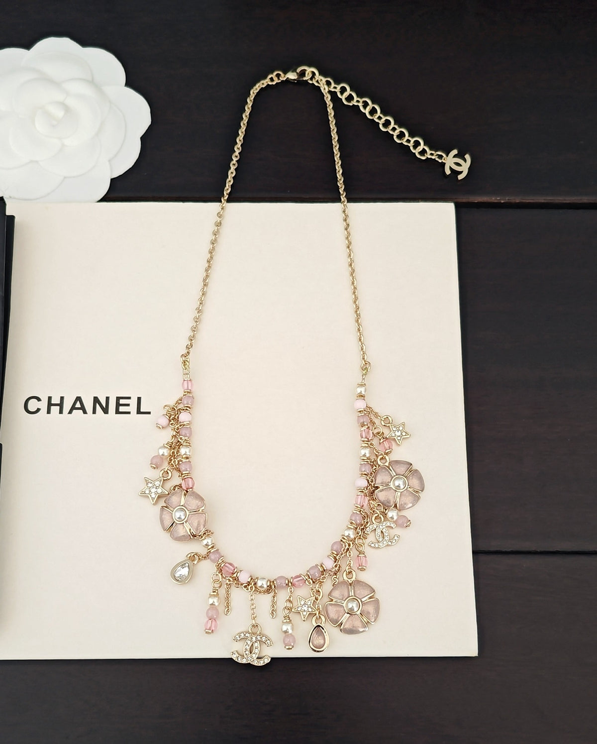 Signature Emblem Pendant Necklace in Gold-Tone – Pink Detail – Design 002 close-up detail