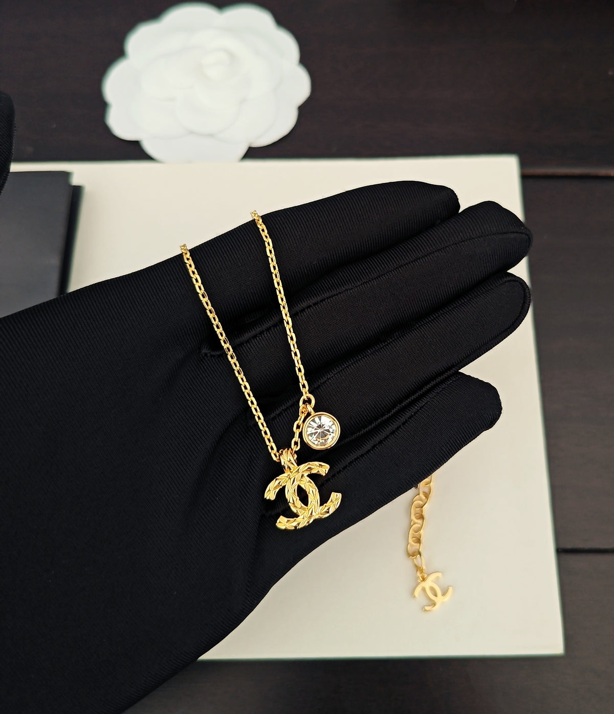 Signature Emblem Crystal-Accent Pendant Necklace – White Detail – Design 003 main product view