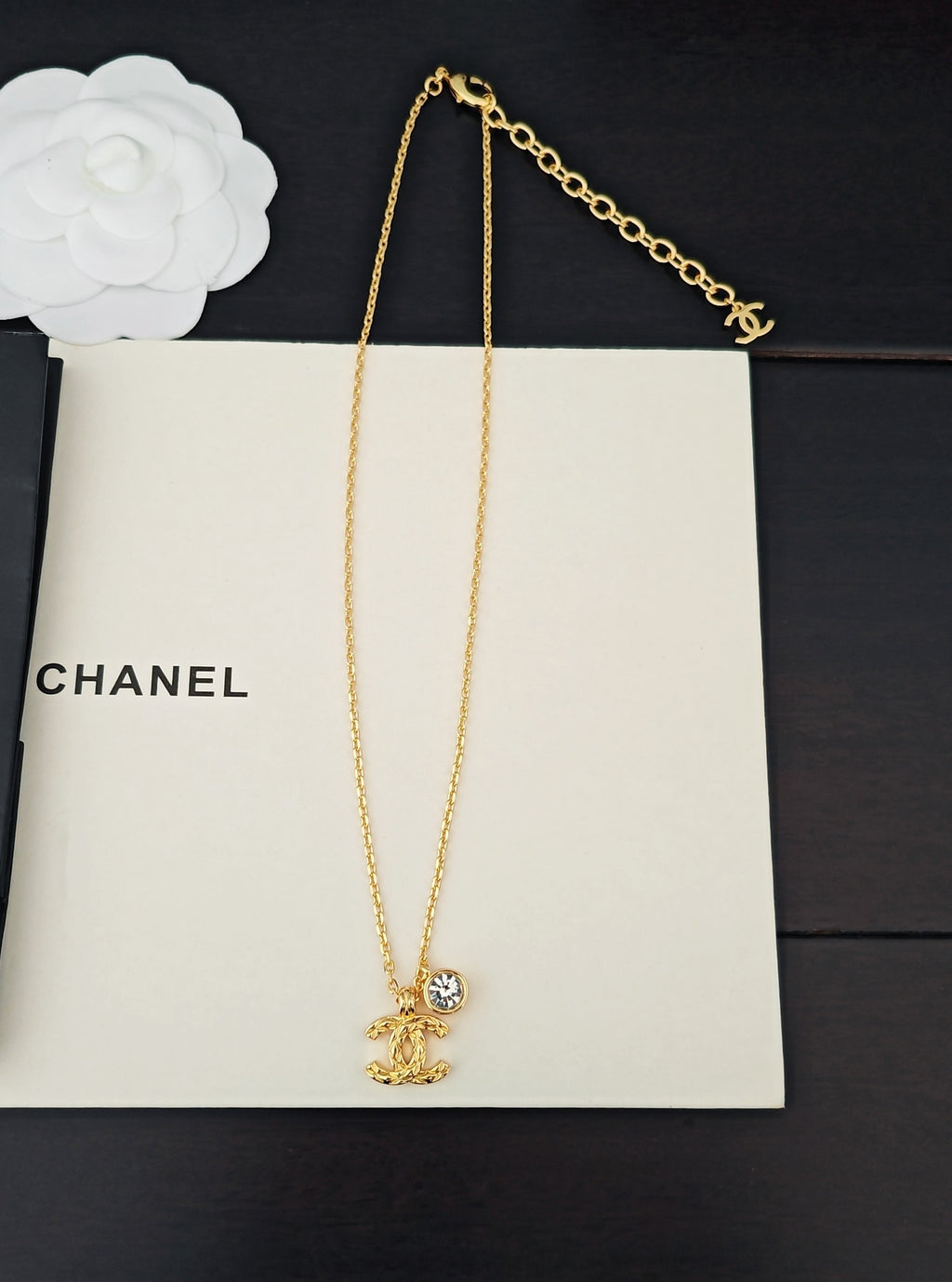 Signature Emblem Crystal-Accent Pendant Necklace – White Detail – Design 002 side detail