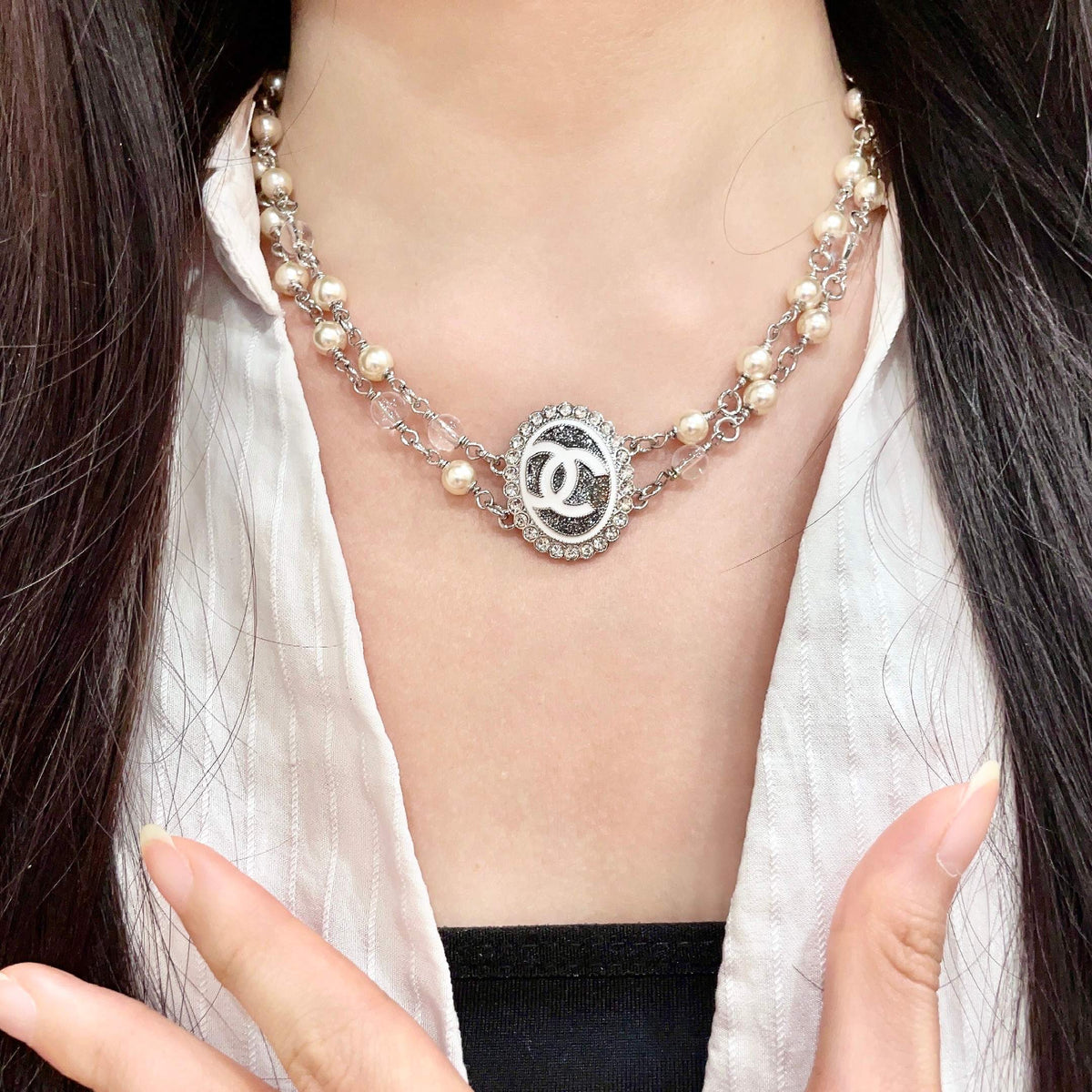 Double-C Emblem Pearl-Detail Pendant Necklace – Pearl Detail – Design 095 front product view