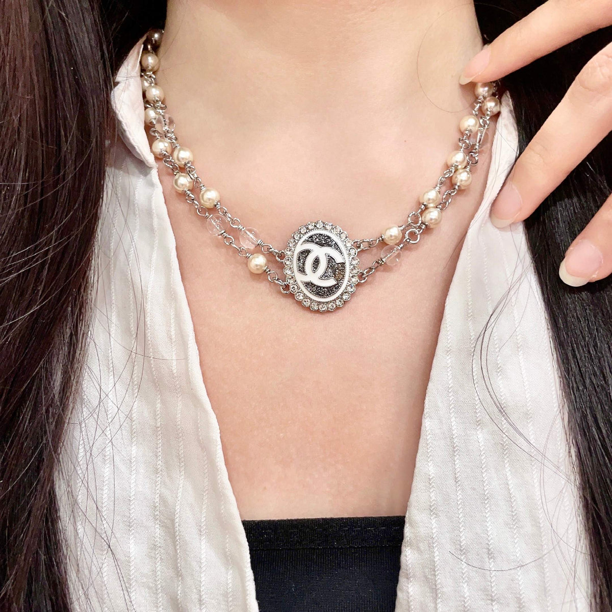 Double-C Emblem Pearl-Detail Pendant Necklace – Pearl Detail – Design 095 main product view