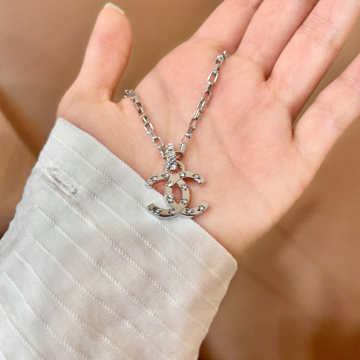 Double-C Emblem Crystal-Accent Pendant Necklace – Design 032 side detail