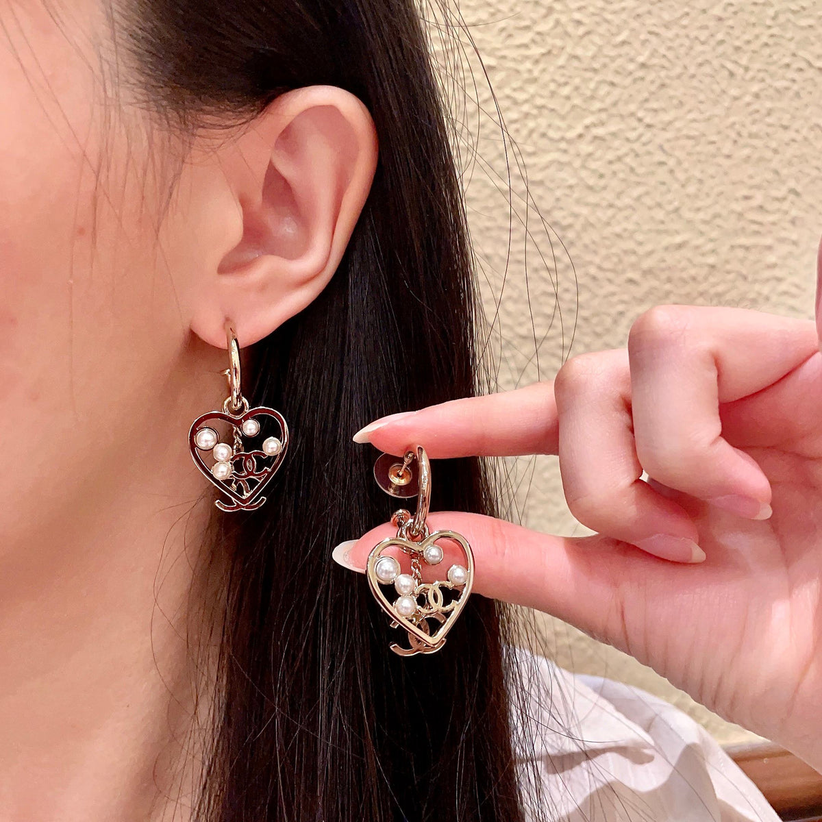 Double-C Emblem Stud Earrings in Polished Metal-Tone – Heart Detail – Design 009 main product view