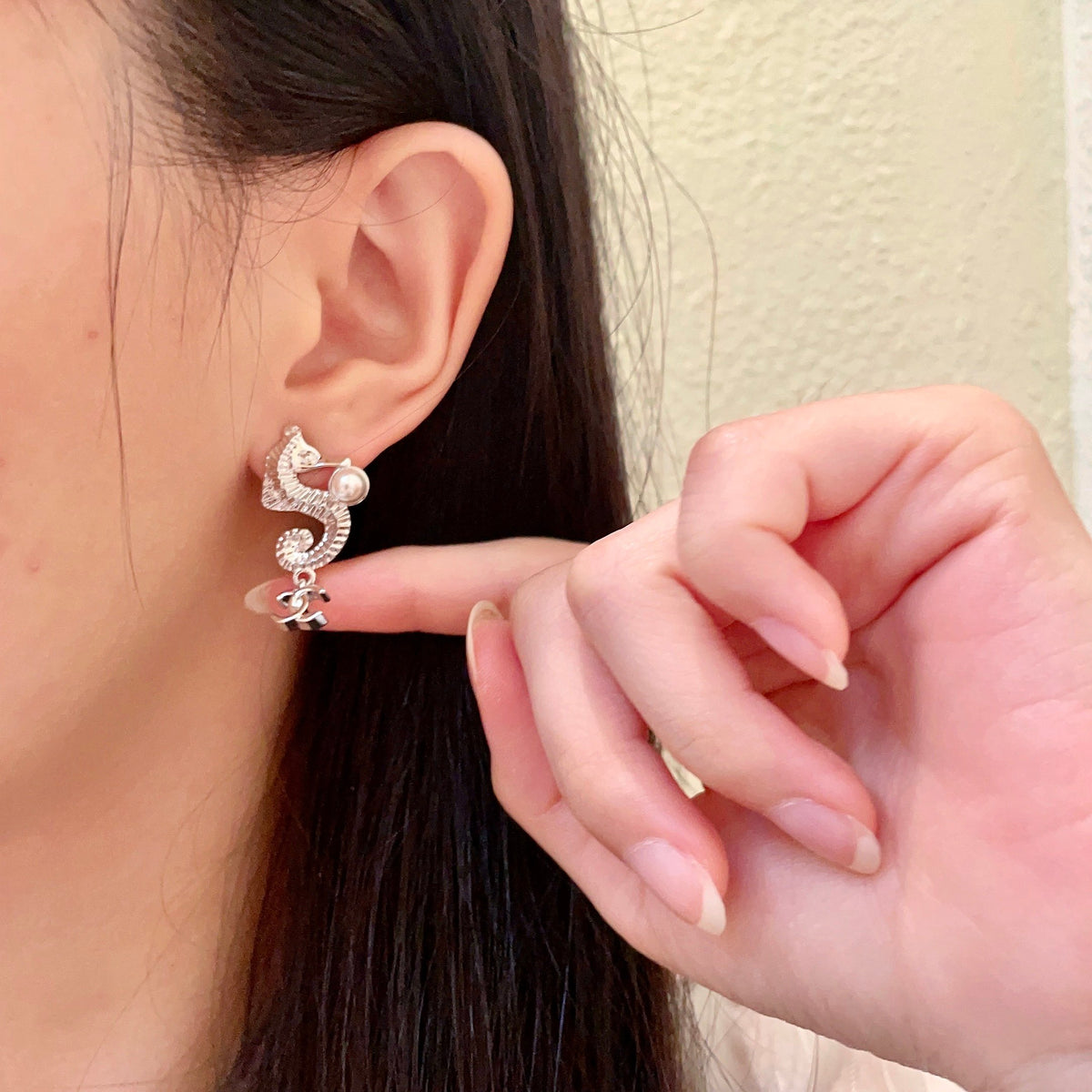 Double-C Emblem Pearl-Detail Statement Earrings – Pearl Detail – Design 017 front product view