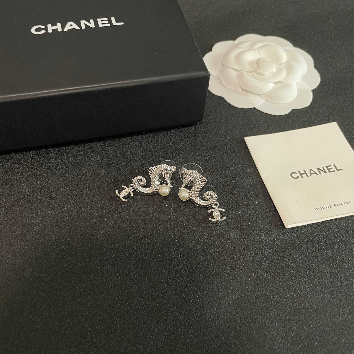 Double-C Emblem Pearl-Detail Statement Earrings – Pearl Detail – Design 017 styled product view