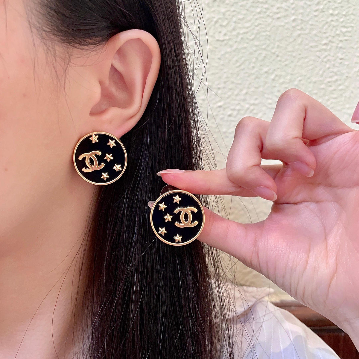 Double-C Emblem Stud Earrings in Polished Metal-Tone – Star Detail – Design 015 main product view